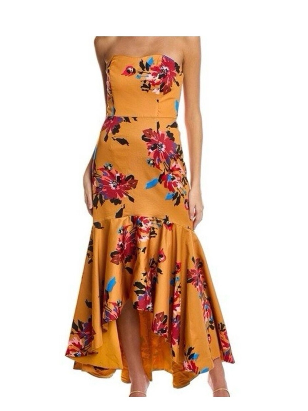 Hutch Mustard Floral Strapless High-Low Dress